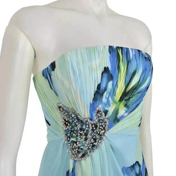 Jovani Gown Blue Green Floral Watercolor Beaded Strapless Chiffon Prom Grad 4 - Picture 6 of 15